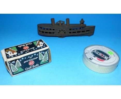 An early 20th century cast gilt metal ship "Arcadia"; a BBC "Question of Sport" game in original box; a boxed set of circular