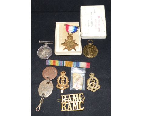 Royal Army Medical Corps WWI 14-15 Star trio to 10681 Pte John W Waring R.A.M.C. with dog tags and badges