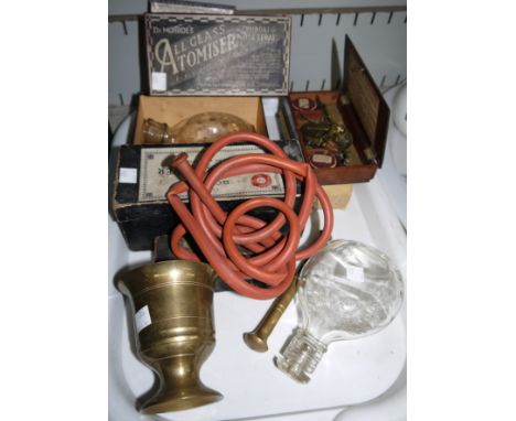 An apothecary scales with weights; an Alexandra Feeding Bottle, original box; similar items