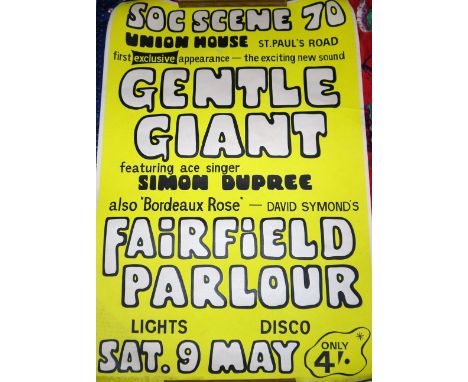 Gentle Giant:  screen-print concert poster, Portsmouth Polytechnic, c. 1970, 30" x 20"; and another:  Atomic Rooster