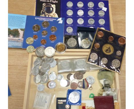 A selection of GB coins; Esso medals etc.; a collection of pre-47 shillings