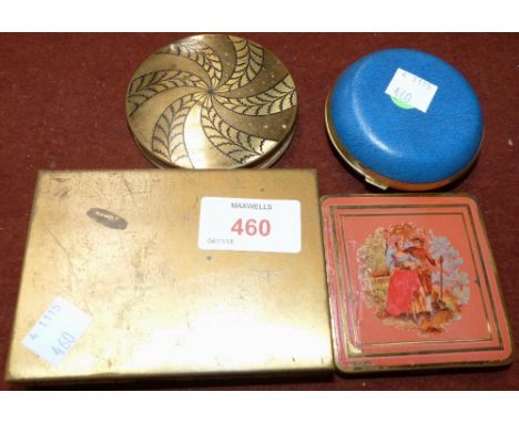 A 1930's compact; 2 others and an alarm clock