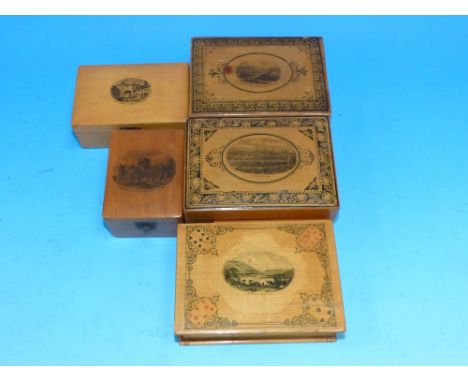 A Mauchlineware playing card case with concealed opening; 4 other boxes