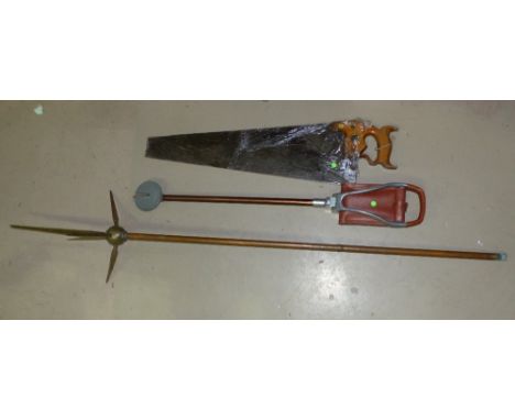 A shooting stick with leather seat, a lighting conductor and an old saw, 30"