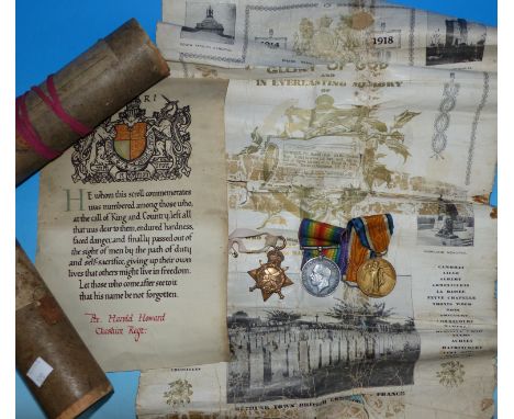 Cheshire Regiment WWI 14-15 Star trio to Pte Harold Howard Ches R, Killed in action, 12.9.18 with large and small scrolls, ph