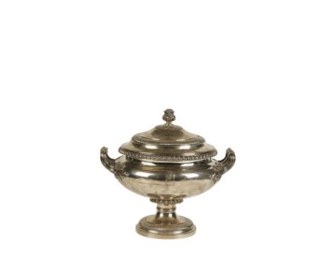 GEORGE IV SILVER SOUP TUREEN by Paul Storr, London 1828, of circular tapering form, the pull-off cover with gadrooned decorat