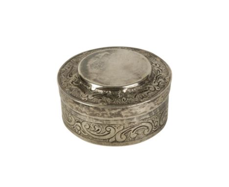 FRENCH SILVER CIRCULAR PATCH BOX, DOUBLE STAMPED, pull-off cover, raised cover with chased floral and scroll decoration, 5cm 