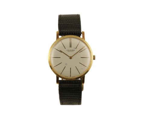 L.A. LEUBA 18CT GOLD GENTLEMAN'S WRIST WATCH with manual wind movement silver dial, gold coloured baton numerals on black lea