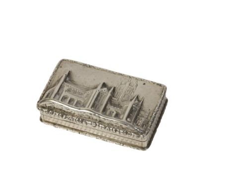A VICTORIAN SILVER CASTLE-TOP VINAIGRETTE by Nathaniel Mills, Birmingham, 1842, of rectangular form, the hinged cover with a 