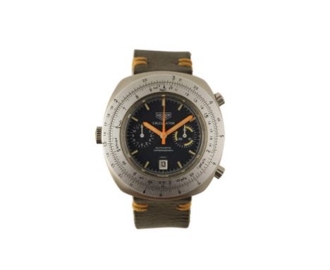 HEUER CALCULATOR CHRONOGRAPH STAINLESS STEEL GENTLEMAN'S WRIST WATCH with automatic movement, dark blue dial, double subsidia