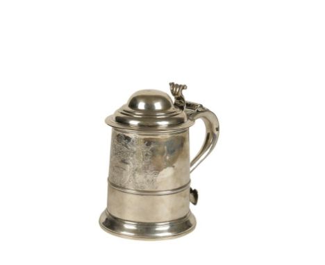 NAVAL INTEREST: GEORGE II SILVER LIDDED TANKARD possibly by Richard Bayley, London 1733 of tapering circular form with domed 