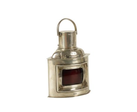 EDWARDIAN NOVELTY SILVER SCENT BOTTLE by Henry Bourne, Birmingham, 1908 in the form of a ships PORT lantern, convex red glass
