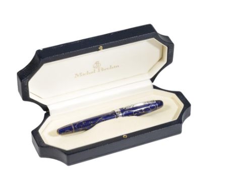 MICHEL PERCHIN "MONOGRAM" FOUNTAIN PEN, Limited edition No. 216/1000, blue guillouche enamel body and cap with silver mounts,