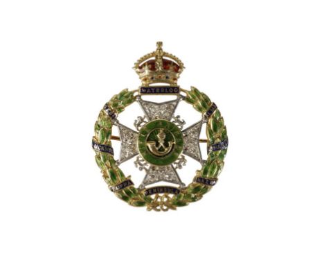 RIFLE BRIGADE DIAMOND AND ENAMEL BROOCH the centre diamond set Maltese cross with lions between the arms, outer enameled crow
