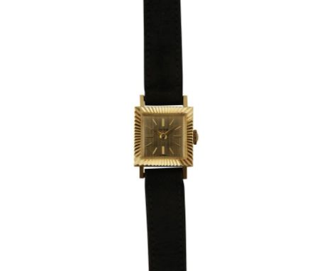 TUDOR 18CT GOLD LADY'S WRIST WATCH with manual wind movement, gold dial and baton numerals, hands, Rolex crown on black leath