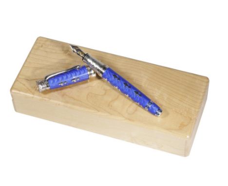 MICHEL PERCHIN "FLEUR-DE-LIS" FOUNTAIN PEN, Limited edition No. 151/251, blue guilloche enamel body and cap with silver mount