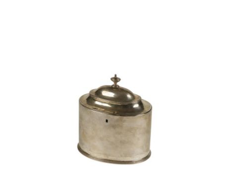 GEORGE III SILVER TEA CADDY by Hester Bateman, London 1783, of oval form, the hinged domed lid with urn finial, on beaded foo