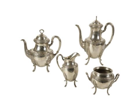 CONTINENTAL SILVER FOUR PIECE TEA AND COFFEE SERVICE comprising teapot, coffee pot, milk jug and sugar bowl, of ovoid baluste