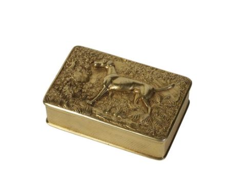 GEORGE III SILVER GILT SNUFF BOX by Thomas Edwards, London, 1819, rectangular form, engine-turned sides, the hinged cover wit