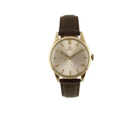 OMEGA GOLD PLATED GENTLEMAN'S WRIST WATCH with manual wind movement silver dial, gold baton numerals and hands on brown leath