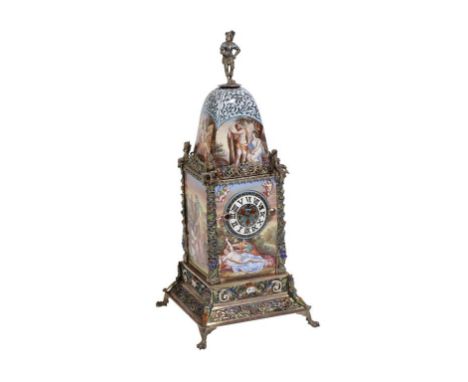 19TH CENTURY AUSTRIAN GILT METAL AND ENAMELED TABLE CLOCK the painted enamel dial with Roman numerals, the chain fusee moveme