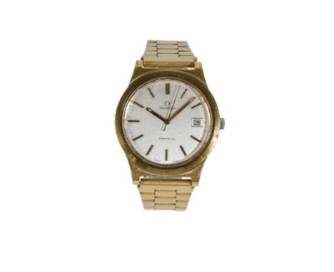 OMEGA GENEVE GOLD PLATED WRIST WATCH with manual wind movement silver dial gold baton numerals and hands, date aperture with 