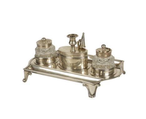 GEORGE III SILVER INKSTAND by Paul Storr, London 1799, of shaped rectangular form with reeded borders and two cut-glass wells