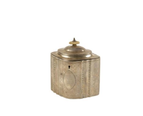 GEORGE III SILVER TEA CADDY, by Robert Hennel, London 1789, of navette form, the domed hinged cover with an ivory fan finial,