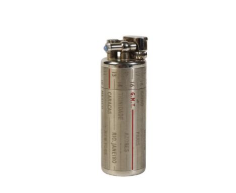 DUNHILL "TIMEZONE" LIGHTER, cylindrical form, the stainless steel lighter with rotating top and red GMT line with various cou