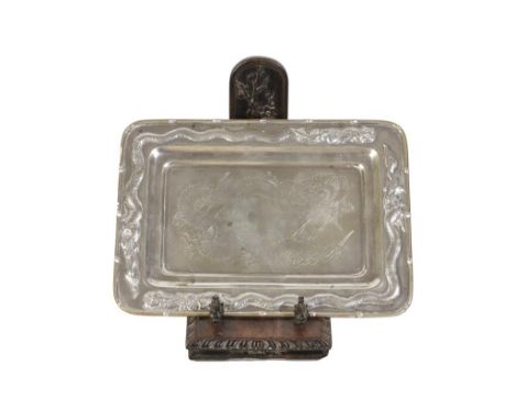 A CHINESE EXPORT SILVER PRESENTATION TRAY by Zeewo, Shanghai, rectangular form, raised sides with bamboo design border and dr