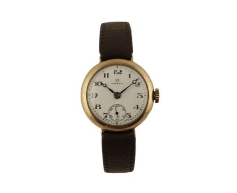 OMEGA 9CT GOLD GENTLEMAN'S WRIST WATCH with white enamel dial, Arabic numerals, subsidiary seconds dial and blue steel moon h