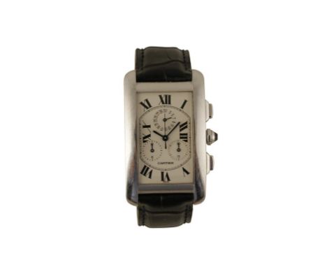CARTIER 18CT GOLD TANK AMERICAINE CHRONOGRAPH GENTLEMAN'S WRIST WATCH with white dial, triple register, Roman numerals, blue 