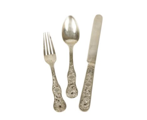 CHINESE SILVER CHRISTENING SET, by Leeching, circa 1870, the handles cast in relief with dragons, scrolls and foliate decorat