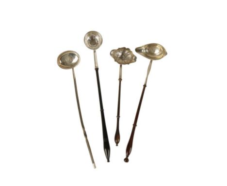 GEORGE II SILVER MOUNTED TODDY LADLE by 'D.W.', London, 1745, with turned wooden handle and embossed bowl, 38cm long; and thr