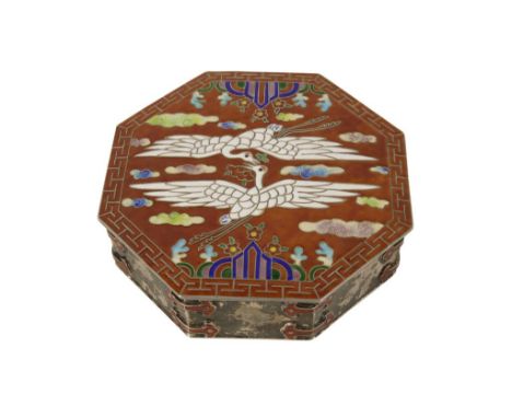 A CHINESE SILVER AND ENAMEL BOX, 19th century, impressed character marks to base, octagonal form, pull off cover, decorated i
