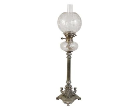 VICTORIAN SILVER-PLATED OIL LAMP BY WALKER AND HALL, circular glass shade and bowl etched with flowers and foliate mounted on