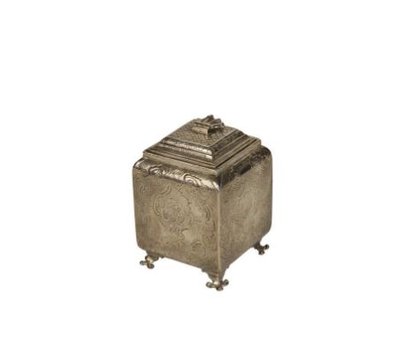 GEORGE II SILVER TEA CADDY by Christian Hillan, London 1739, of square form with a raised square slide-out cover and hinged s