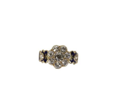 19TH CENTURY DIAMOND CLUSTER AND ENAMEL RING the old-cut diamond cluster pavé-set in unmarked yellow metal, the unmarked yell