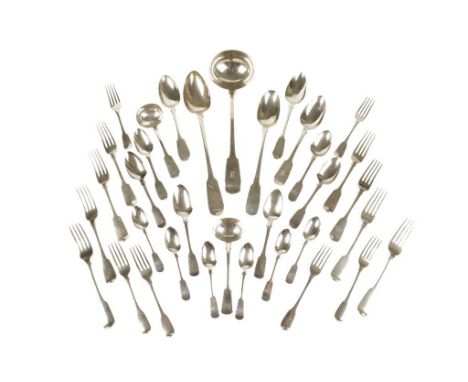 COLLECTION OF GEORGE III AND LATER FIDDLE PATTERN FLATWARE, mixed makers and dates, comprising six teaspoons, three serving s