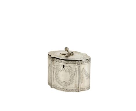 VICTORIAN SILVER TEA CADDY by Wlliam Stocker, London 1860, of oval form with leaf and bud finial, bright engraved in the Geor