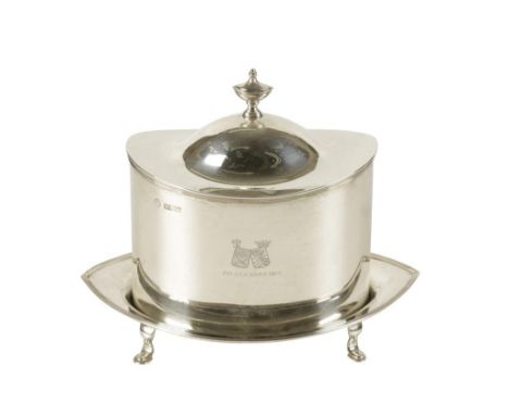 GEORGE III STYLE SILVER BISCUIT BOX by William Hutton & Sons, Sheffield, 1909, oval form, the domed shaped cover mounted with