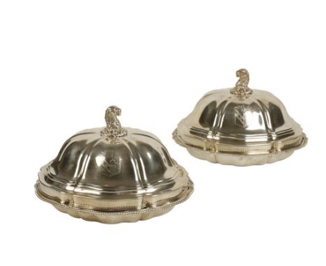 PAIR OF GEORGE IV SILVER ENTREE DISHES AND COVERS by Paul Storr, London 1825/1826, of spreading circular form with detachable