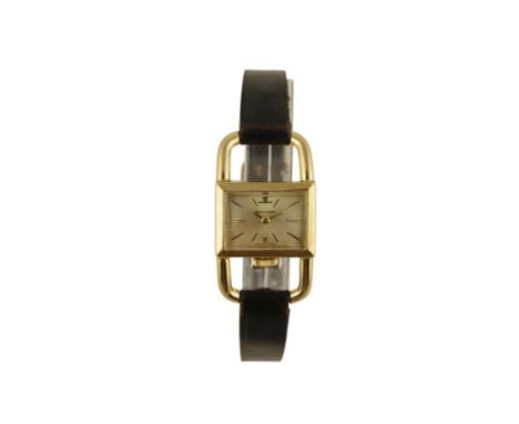 JAEGER-LECOULTRE LADY'S 18CT GOLD DRIVERS WATCH with gold dial, baton numerals and hands on black leather strap, circa 1960s,