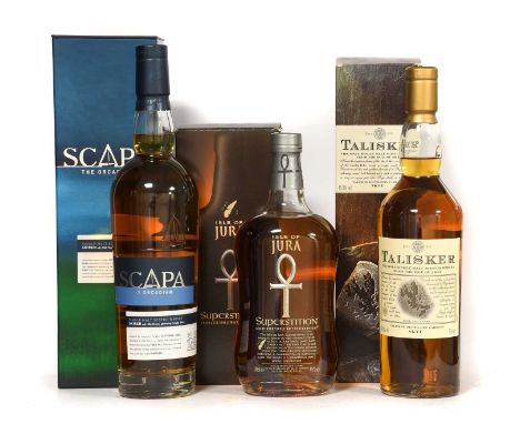 Talisker 10 Year Old Single Malt Scotch Whisky, 45.8% vol 70cl (one bottle), Jura Superstition Single Malt Scotch Whisky, 45%