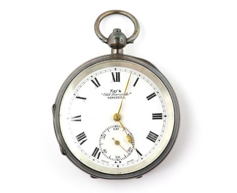 An English silver open face pocket watch, the white enamel dial signed Kays, "old traveller" Worcester, with Roman numeral ho