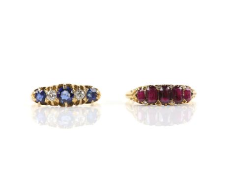 Two antique rings, one set with round cut sapphires and old cut diamonds, ring size N and a ruby and rose cut diamond ring, s