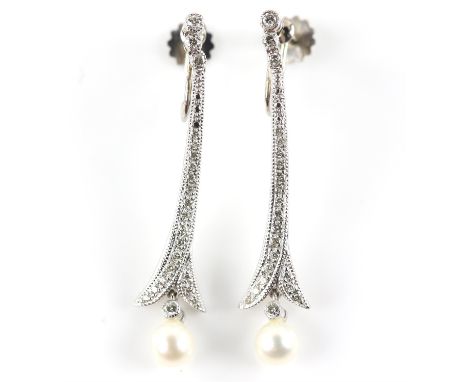 A pair of diamond and pearl drop earrings, set with round brilliant cut diamonds, with a round white pearl drops, measuring 5