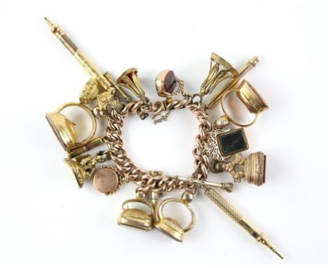 Victorian gold charm bracelet, with alternate ornately engraved and polished curb links, with a concealed clasp and safety ch