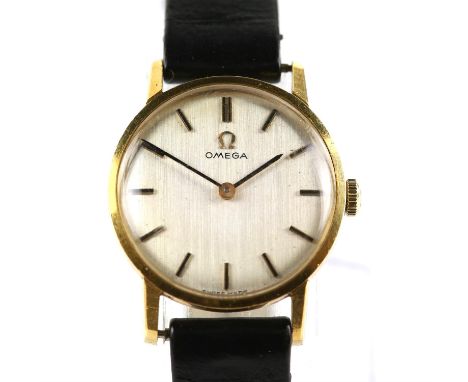 Ladies Omega wristwatch, signed brush silver colour dial with baton hour markers, mechanical movement, 18 ct case, with  orig