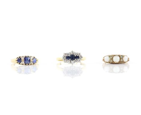 Three rings, one Victorian set with sapphire and diamonds, ring size P 1/2, another 1980's sapphire and diamond ring, size O,